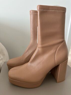 stradivarius Tan Platform Block Heel Ankle Boots